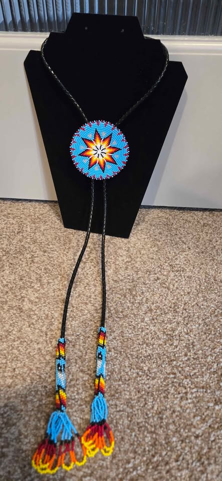 Handcrafted Cyan Blue Seed Beaded leather Bolo Tie with star pattern - For Michael