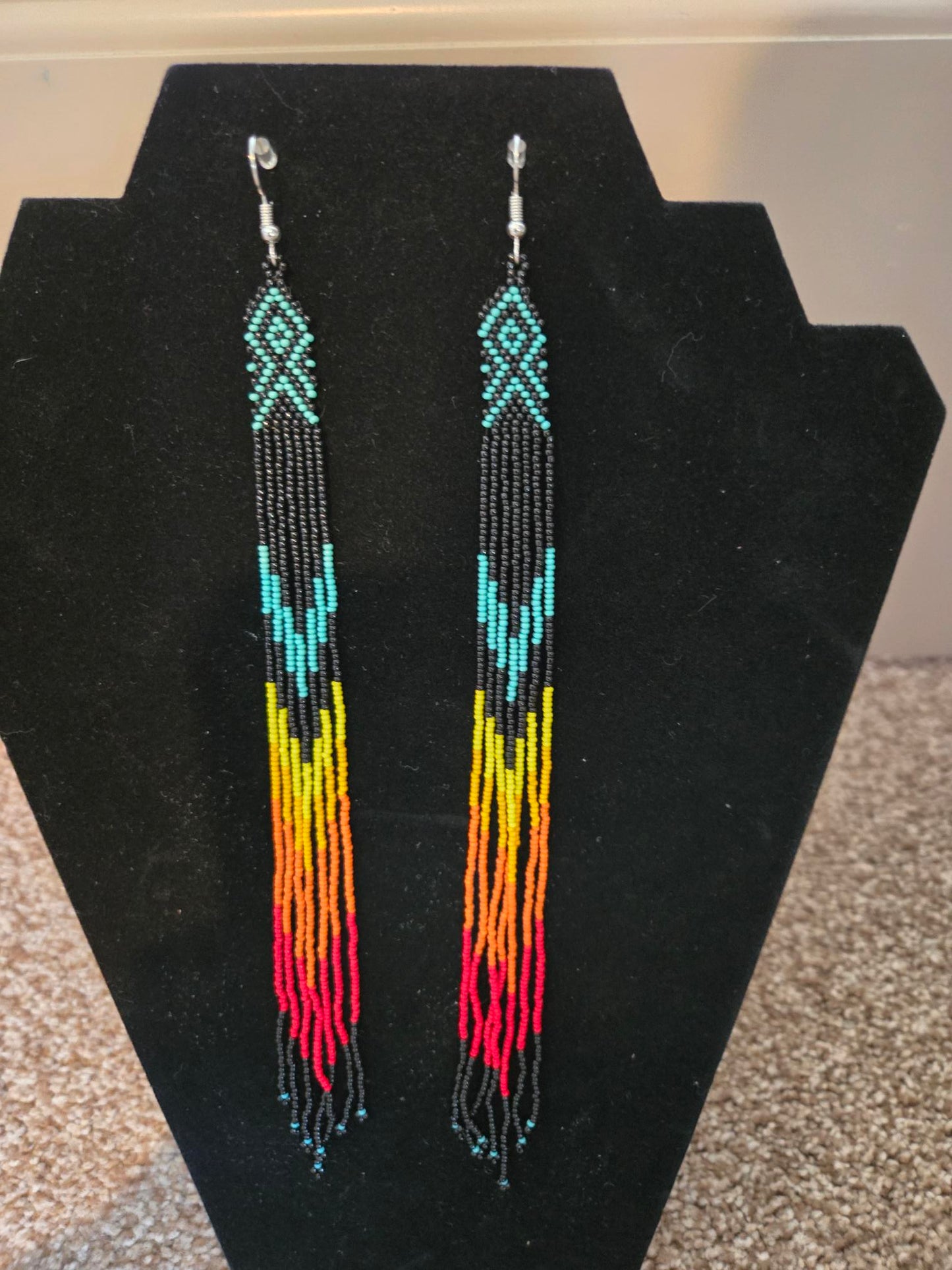 Black Fire Color Glass Seed Beads Beaded Extra long earrings