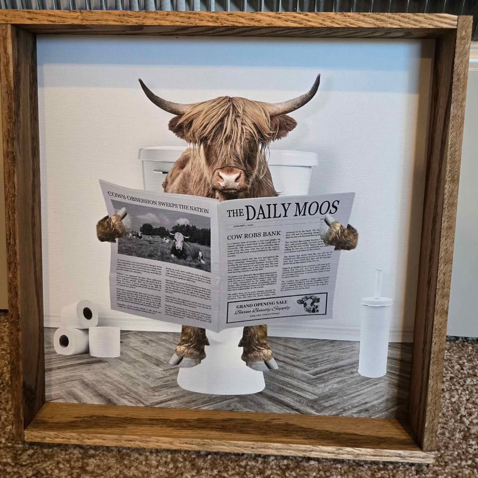 Highland Cow on Toilet Wood Frame 11x11