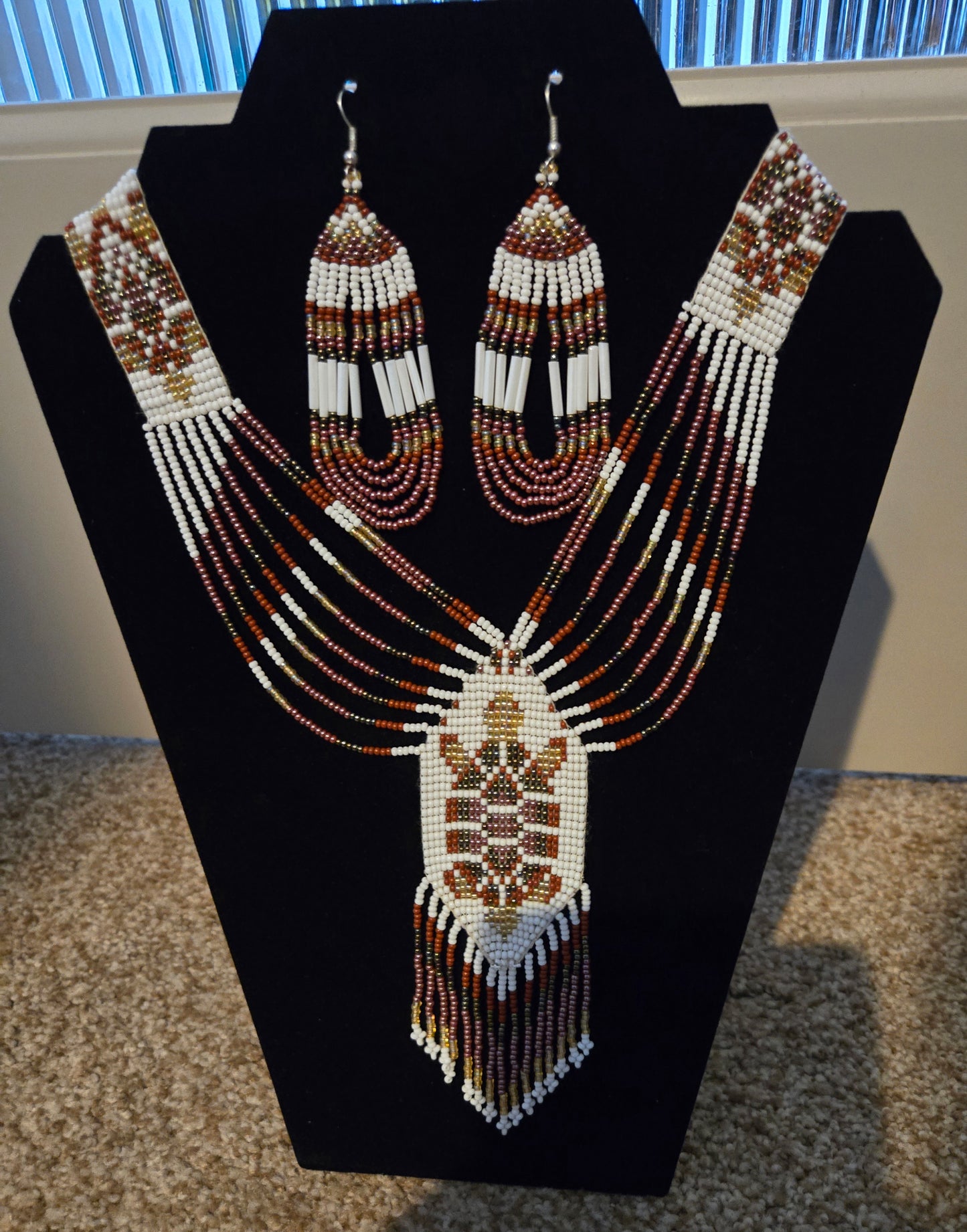 Handmade Beaded Brown/White Turtle Necklace & Earrings Set