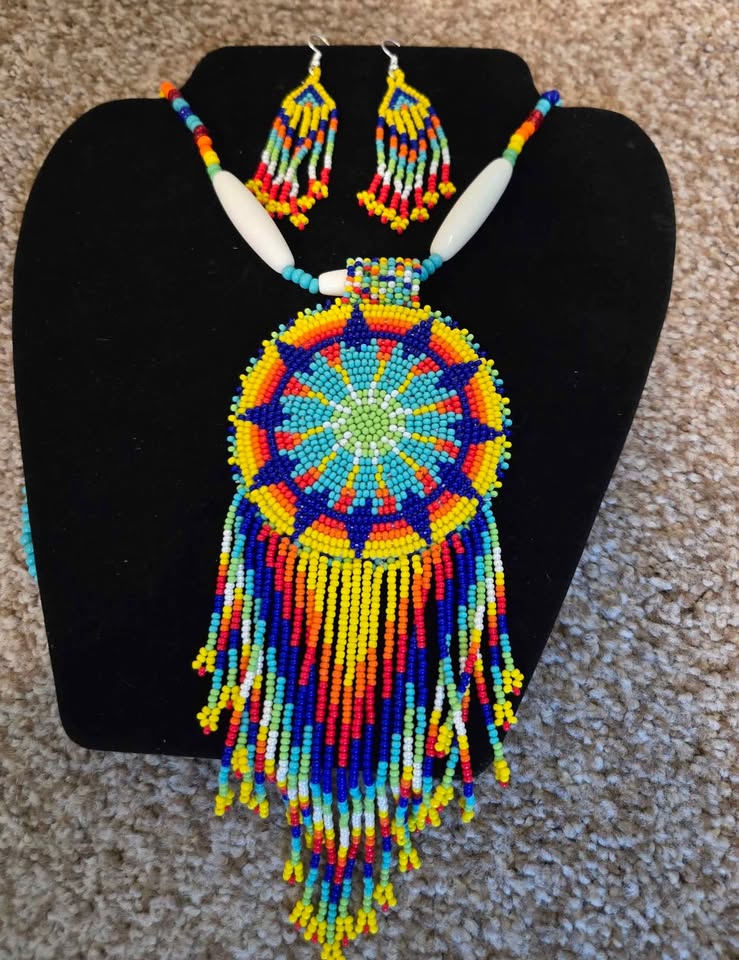 Yellow, Blue Seed Beaded Star Necklace and Earrings Set