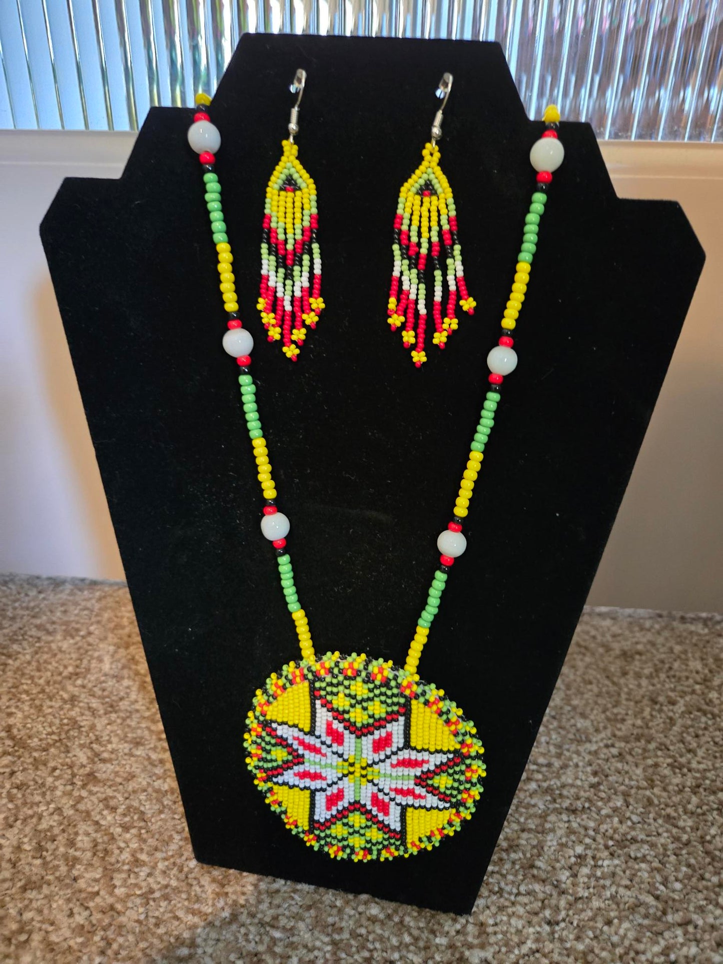 Handmade beaded Yellow Flower Necklace and Earrings Set