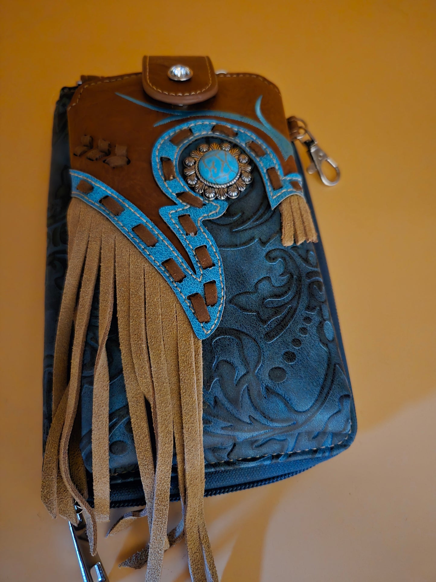 Turquoise Concho Fringe Crossbody Western Phone Wallet