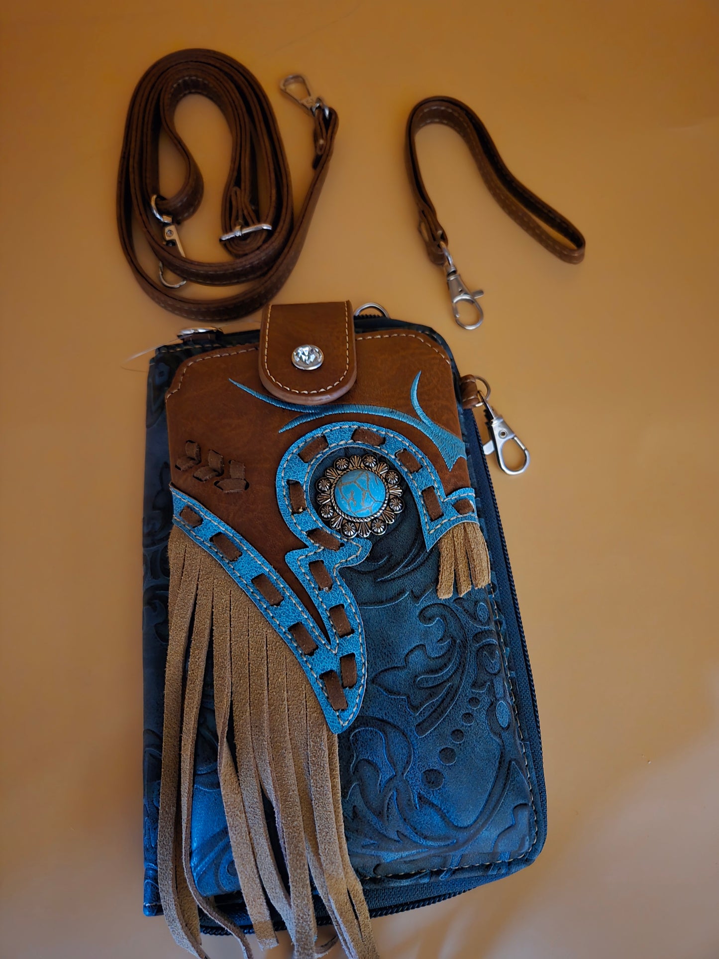 Turquoise Concho Fringe Crossbody Western Phone Wallet