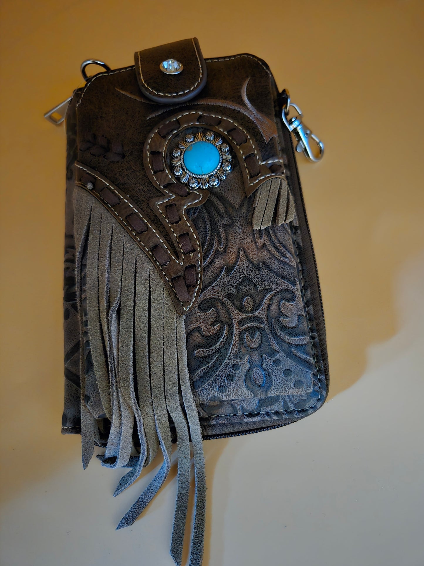 Brown Concho Fringe Crossbody Western Phone Wallet