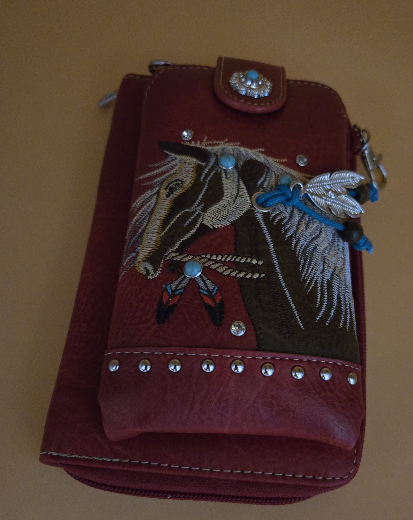 Embroidered Horse Crossbody Western Phone Wallet - Red