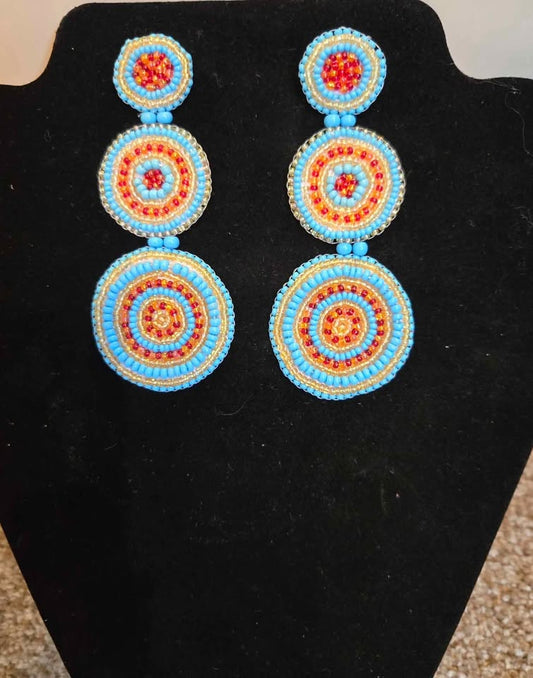 Handmade Beaded blue/red color round long post earrings