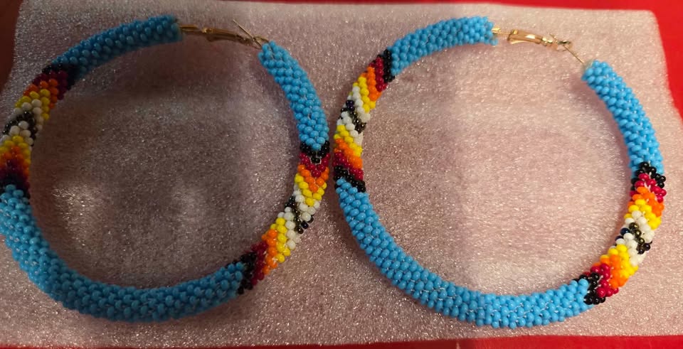 Handmade Native style 3 inch Hoop Earrings with Czech Seed Beads - Cyan Blue