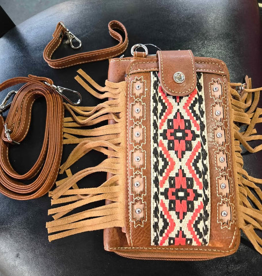 Aztec Tribal Pring Fringe Crossbody Western Phone Wallet - Brown