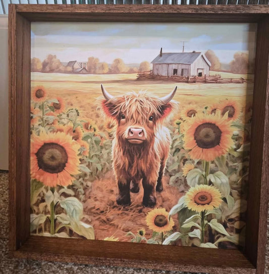 Baby Highland Sunflower Farm Wood Canvas Art