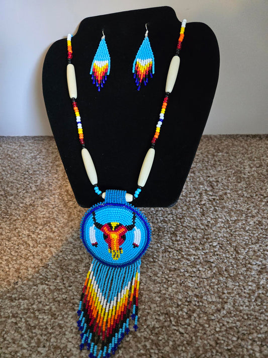 Handmade Cyan Blue Beaded Bull Skull Necklace and Earrings set