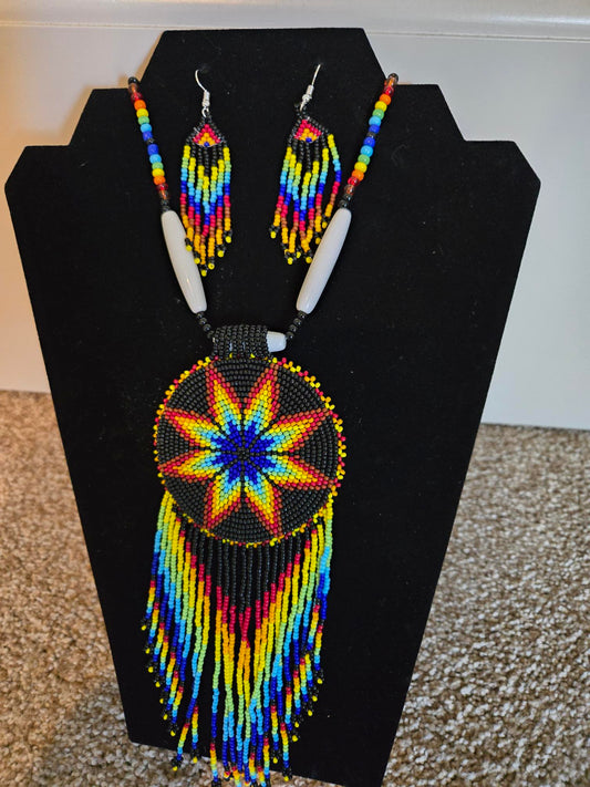 Black Fire seed beaded Star Medallion Necklace and Earrings Set