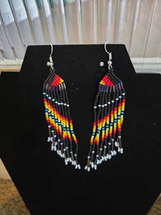 Black Multicolored Handmade Beaded Chandelier Earrings