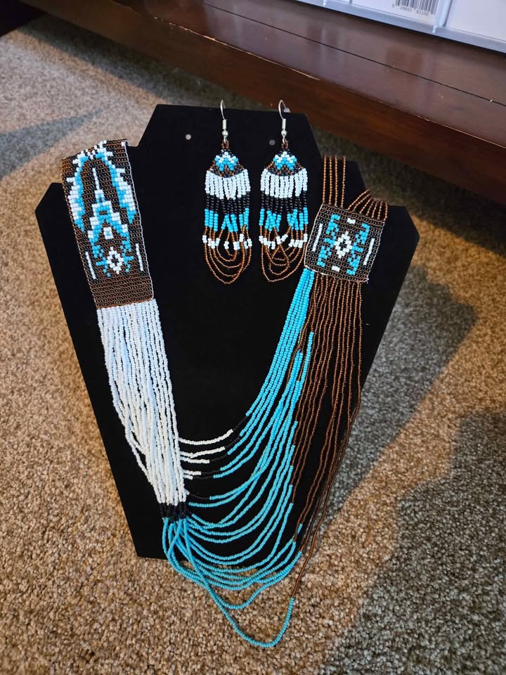 Handmade Beaded Brown Cyan Blue Necklace and Earrings Set