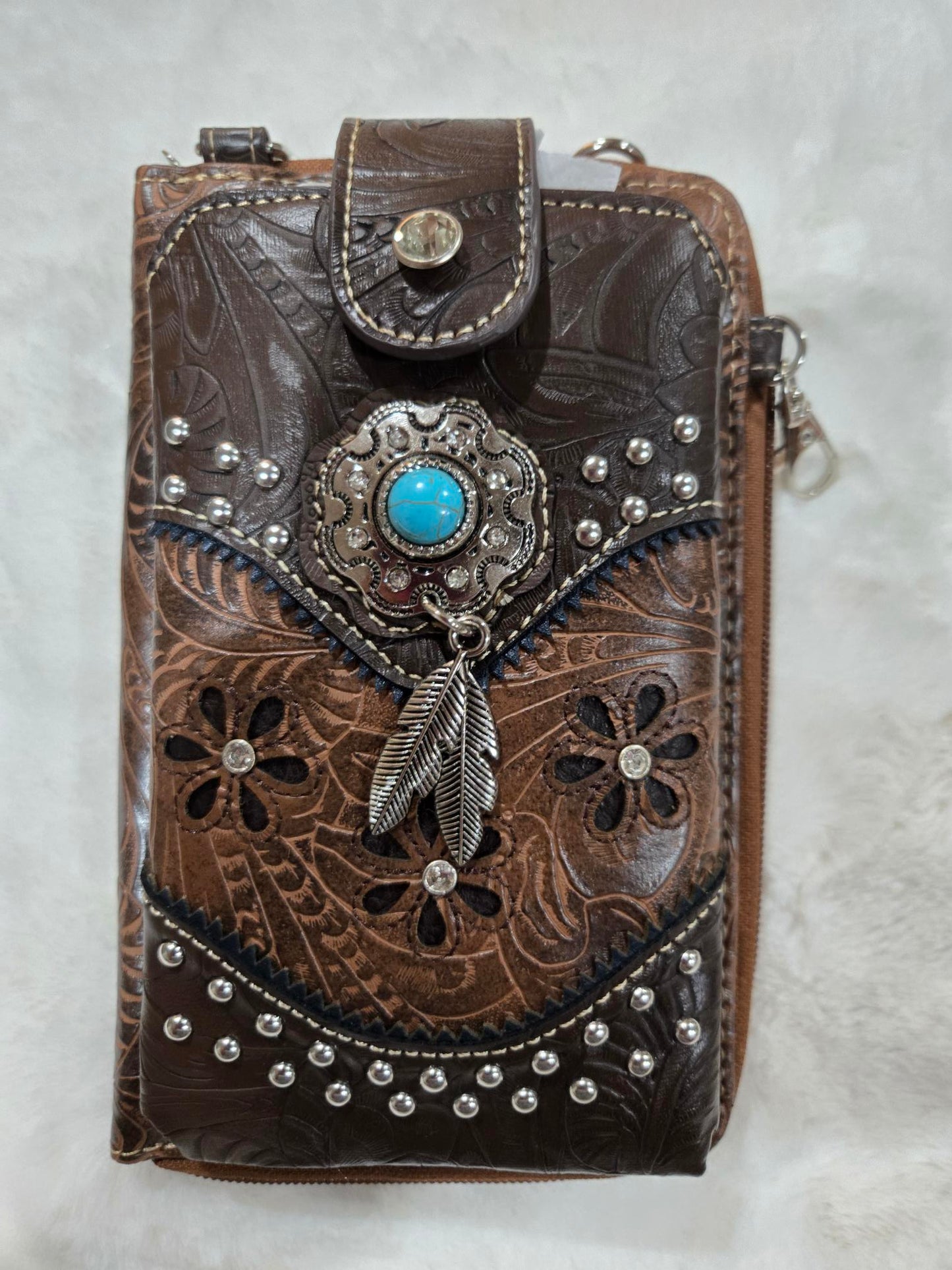 Turquoise Stone Feather Tooled Leather Western Phone Wallet/Brown
