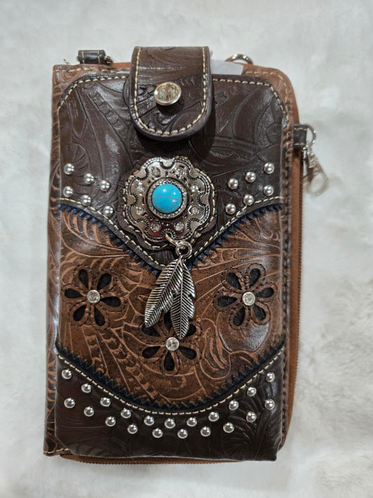 Turquoise Stone Feather Tooled Leather Western Phone Wallet/Brown