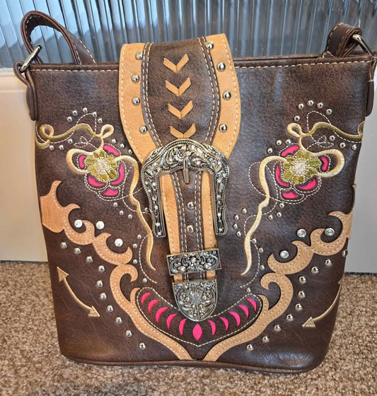 Daisy Floral Embroidery Buckle Crossbody Purse - Brown