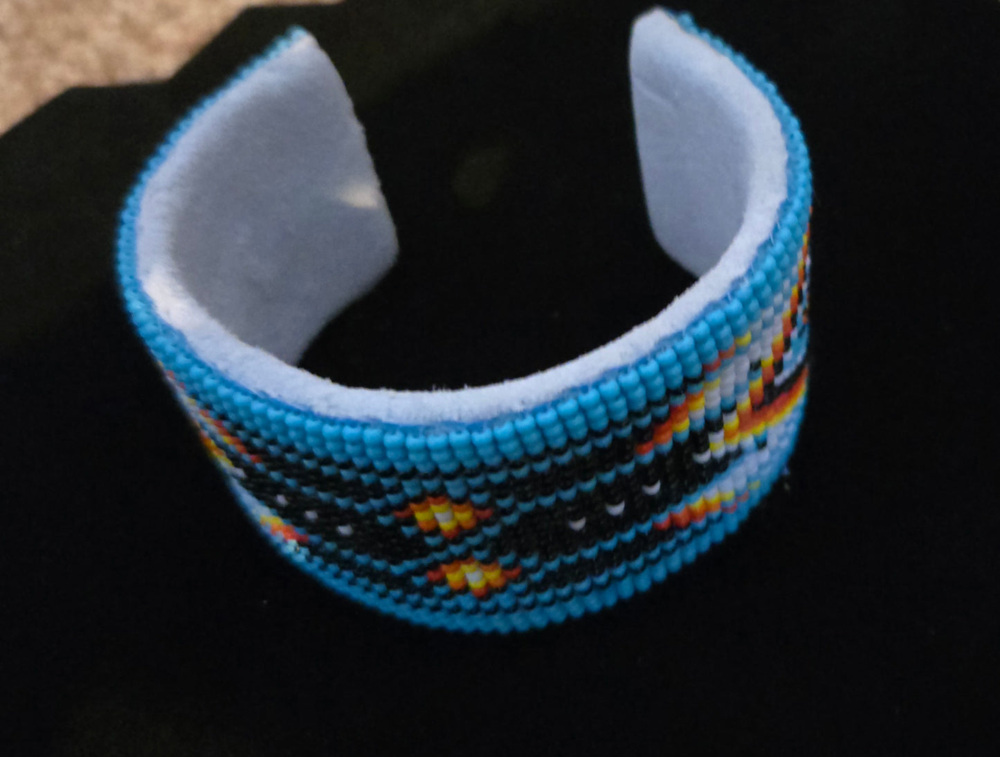 Handmade Beaded Cyan Blue Diamond Pattern Hard Cuff Bracelet