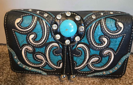 Dolly Turquoise Chonco Western Crossbody Wallet - Black