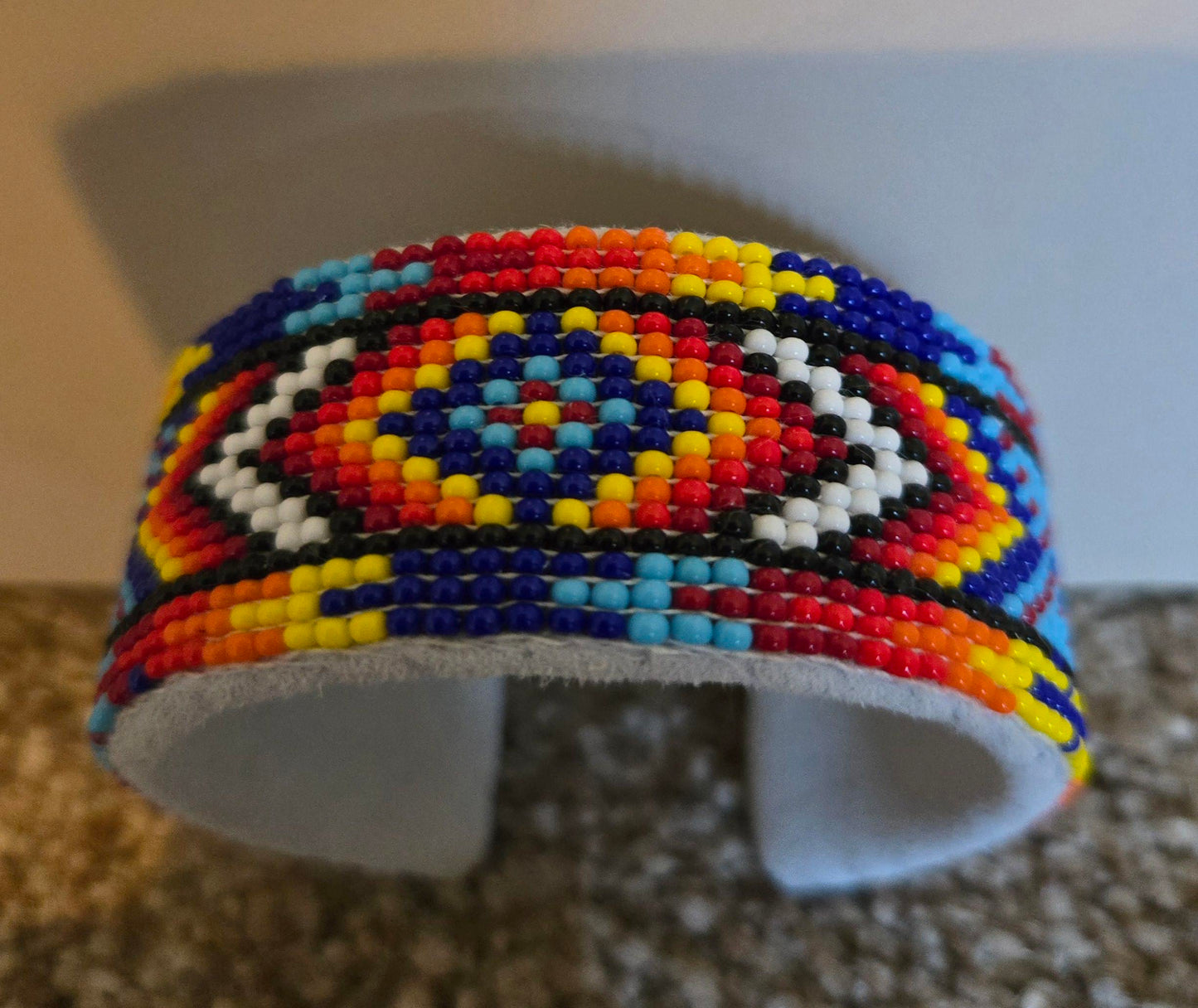 Handmade Beaded Diamond Pattern Multicolor Leather cuff bracelet