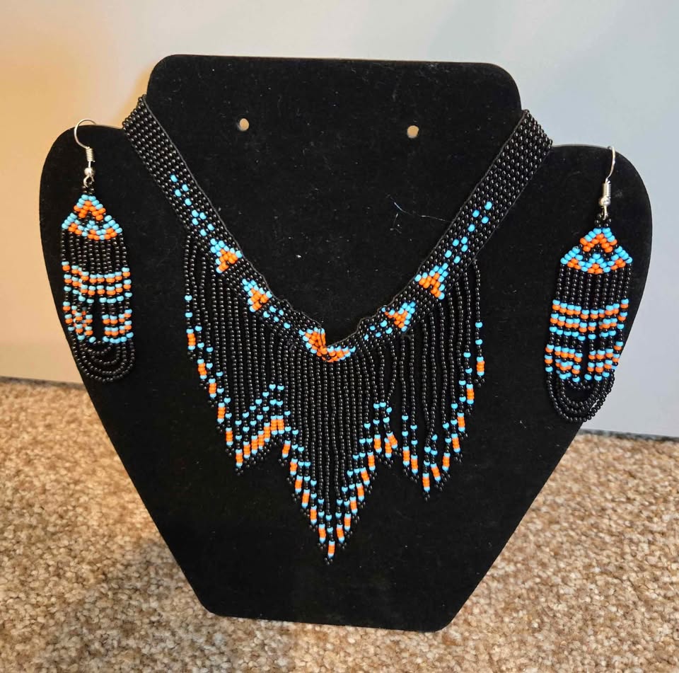Handmade Black Beaded Necklace and Earrings Set