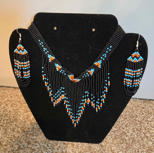 Handmade Black Beaded Necklace and Earrings Set