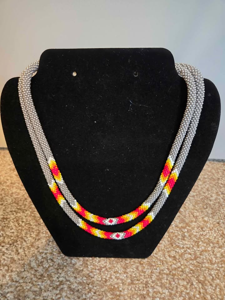 Handmade Ethnic Beaded Double Strand Rope Necklace - Gray