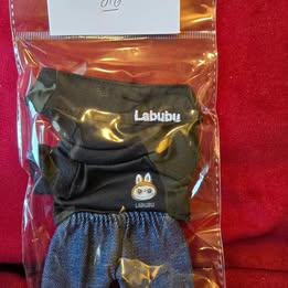 Labubu visor, jeans and black shirt outfit (clothing only, doll not included)