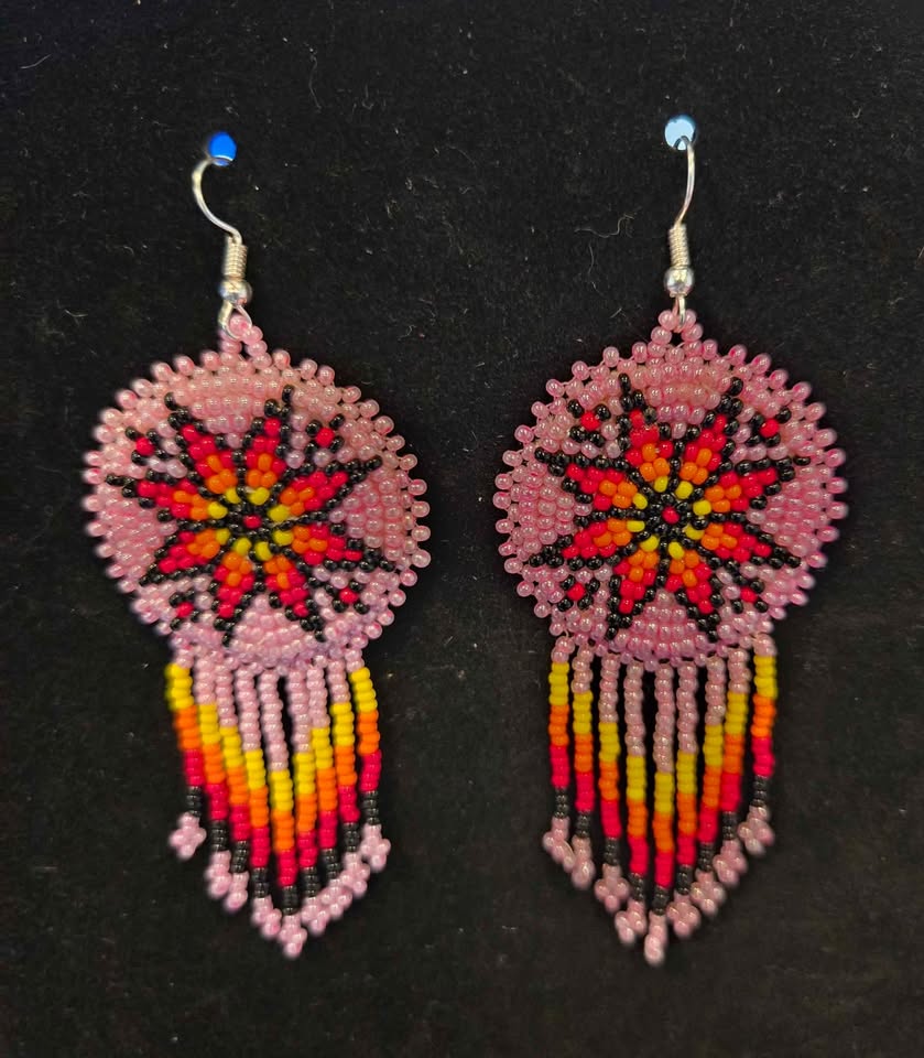 Handmade Beaded Pink Fire Color Round Fringe Hook Earrings