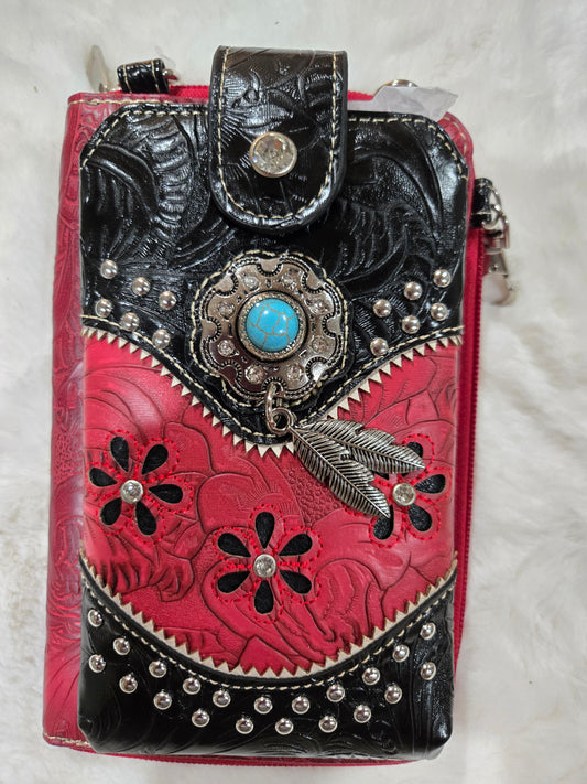 Turquoise Stone Feather Tooled Leather Western Phone Wallet/Red