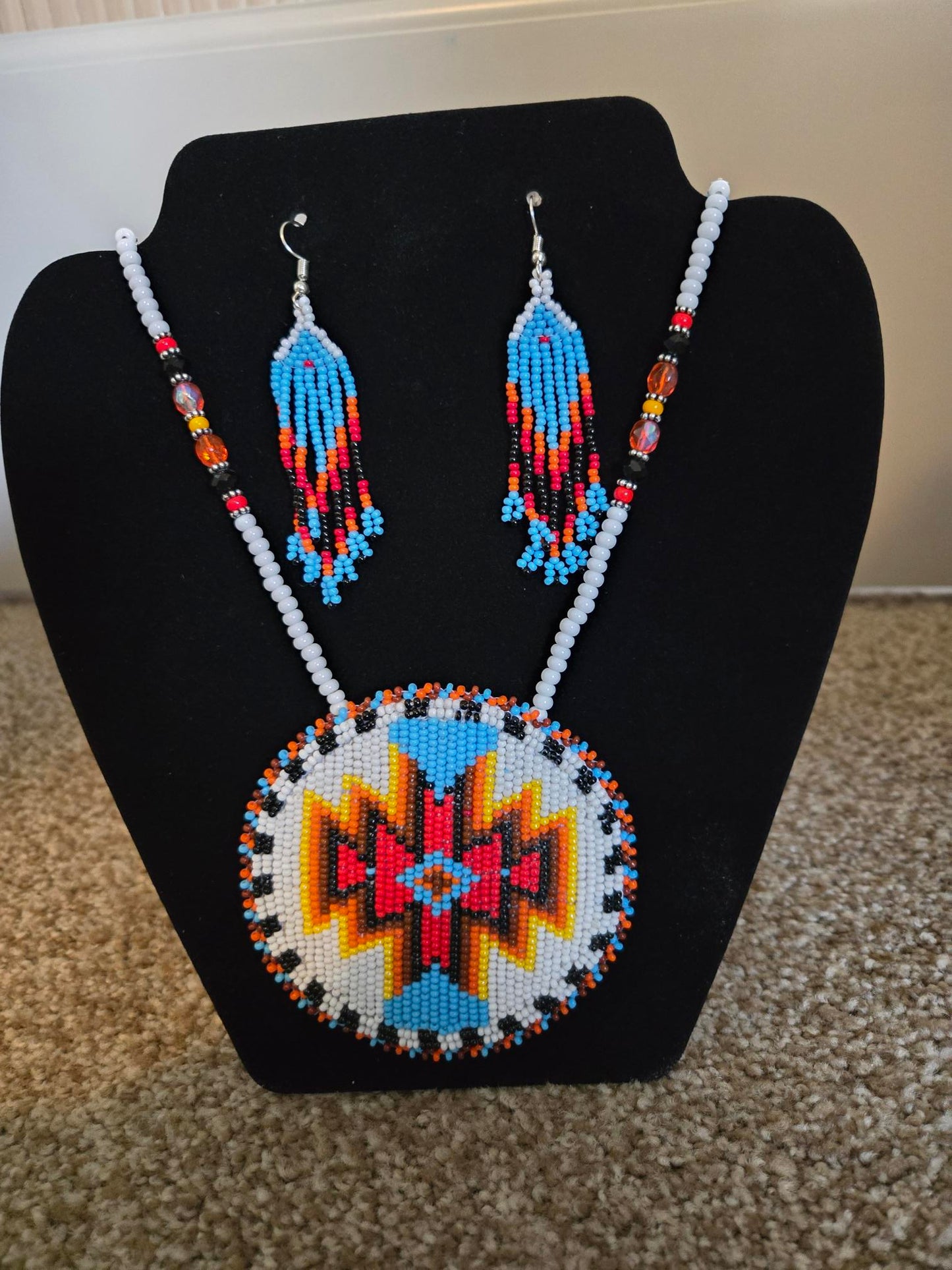 Handmade beaded White and Red Medallion Necklace and Earrings Set