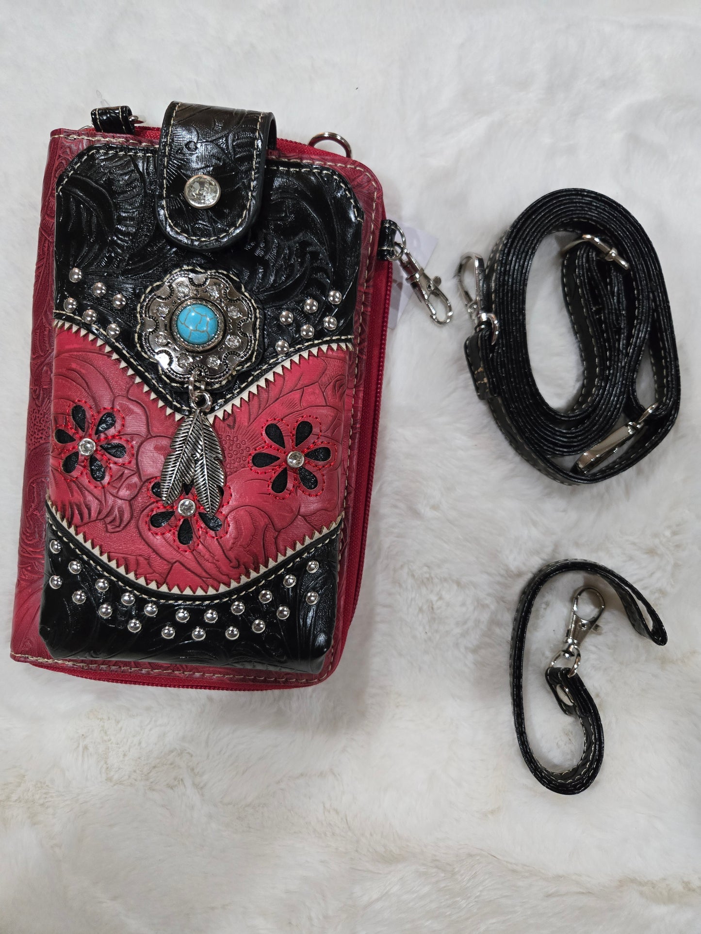 Turquoise Stone Feather Tooled Leather Western Phone Wallet/Red