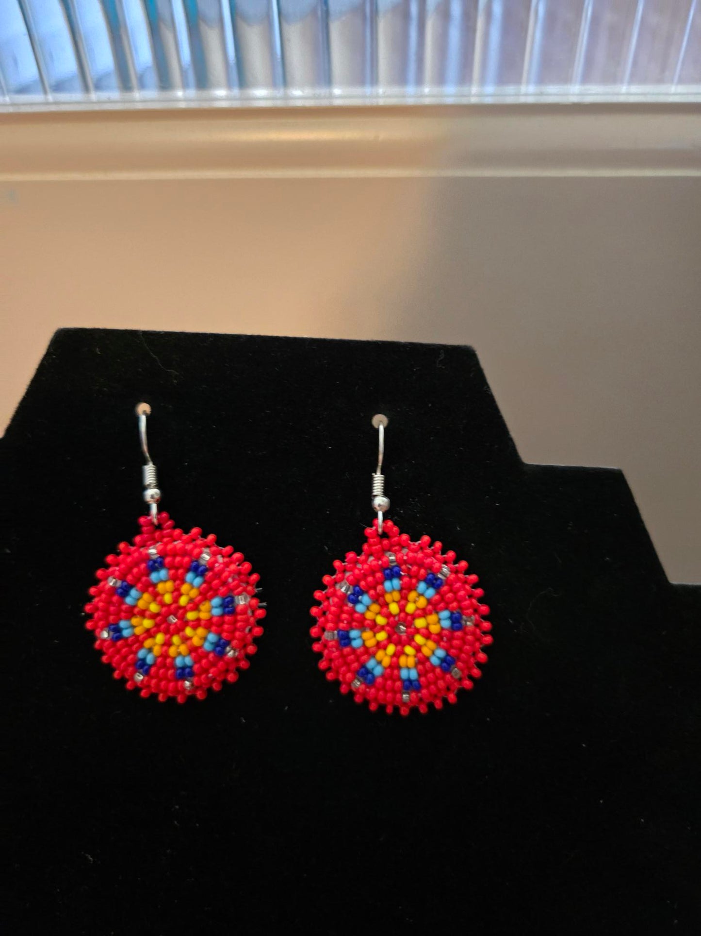Handmade Beaded Round Red Earrings
