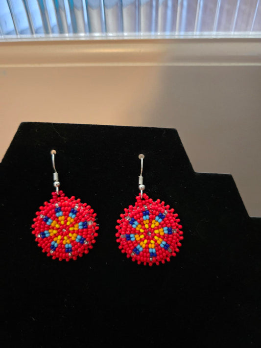 Handmade Beaded Round Red Earrings