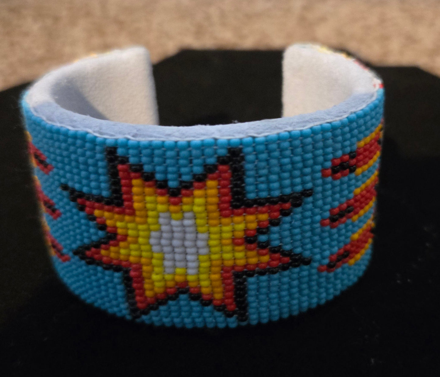 Handmade Beaded Cyan/Blue Yellow Star Leather Hard Cuff Bracelet