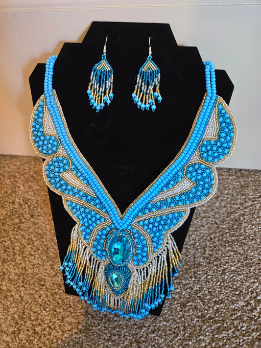Handmade Beaded Turquoise Necklace and Earrings set