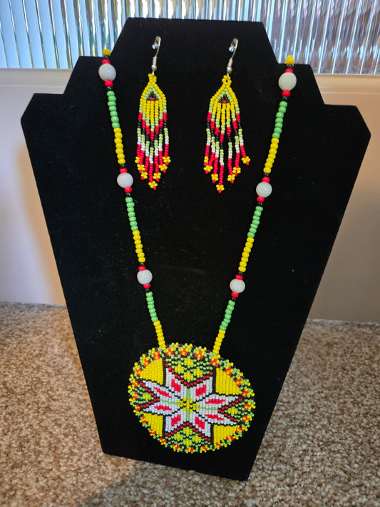 Handmade beaded Yellow Flower Necklace and Earrings Set